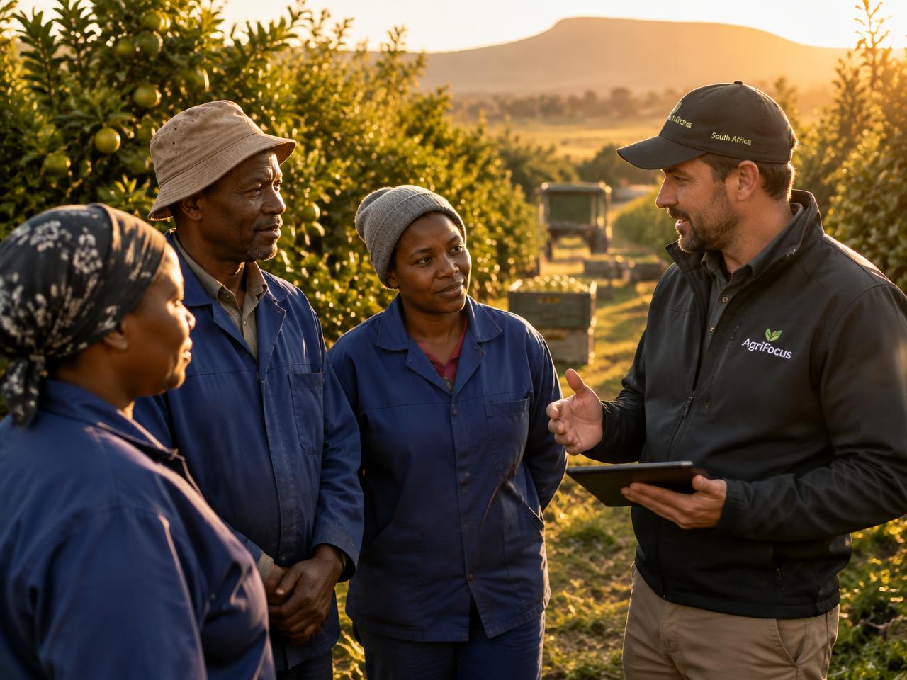 Farm team reviewing weekly goals in an orchard
